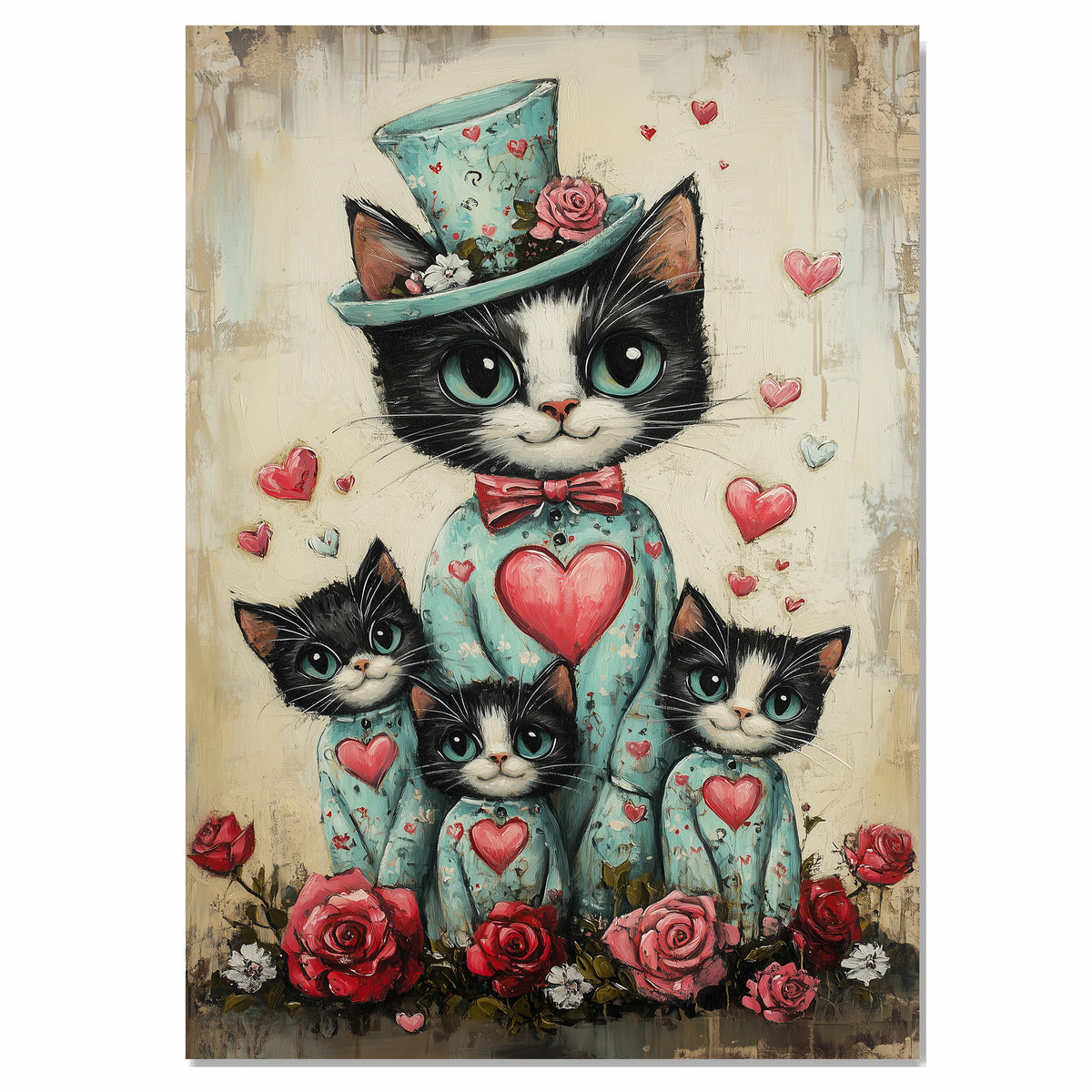Mother Cat and Kittens in Teal Heart Outfits with Roses Whimsical Tuxedo Cat Family Artwork for Valentine's and Cat Lovers Decor on Ready to Hang 1.5" Thick Canvas Wrap, Floating Framed Canvas, Flat Rolled Canvas