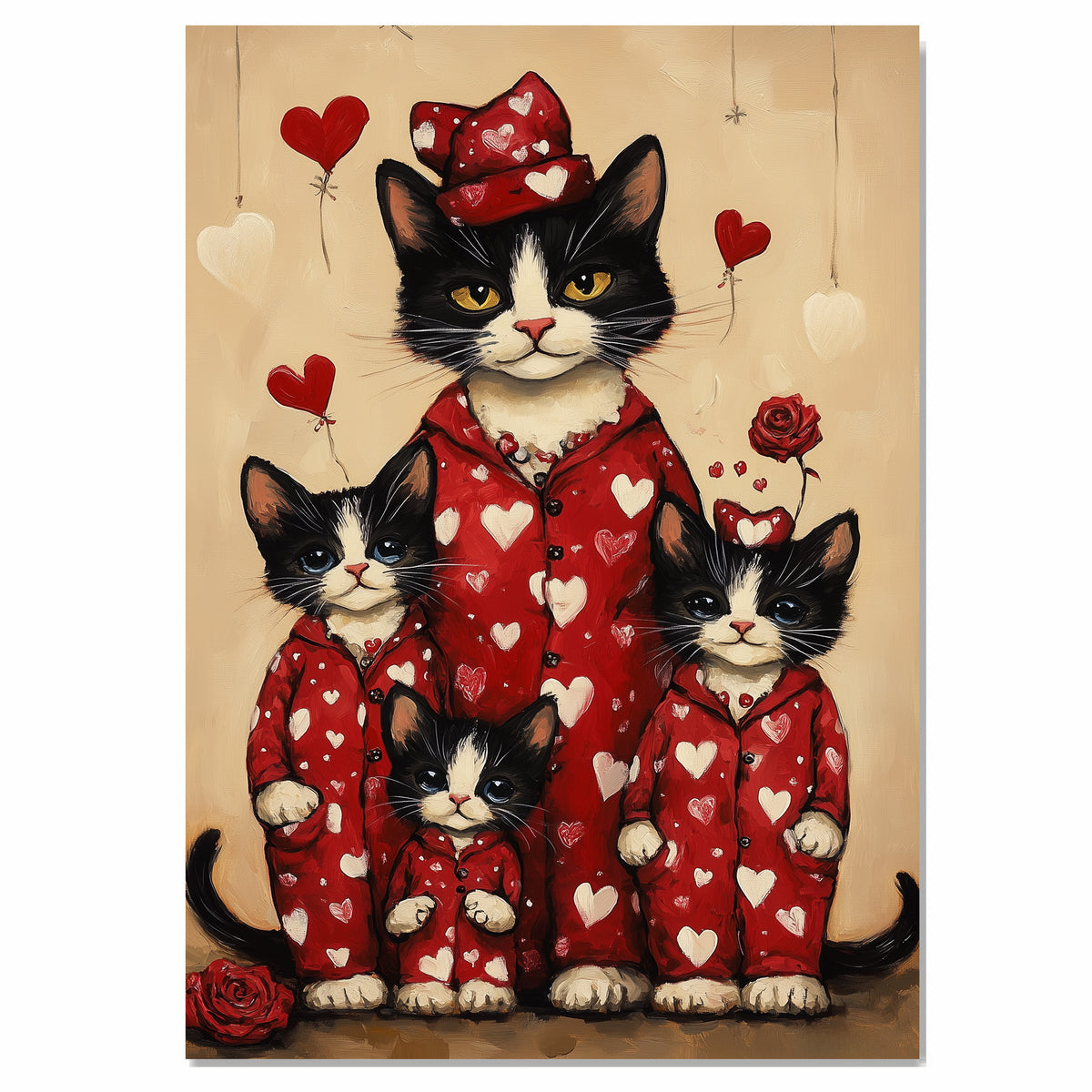 Tuxedo Cat Mother and Kittens in Red Heart Pajamas Black and White Cat Family Artwork for Cat Lovers on Ready to Hang 1.5" Thick Canvas Wrap, Floating Framed Canvas, Flat Rolled Canvas