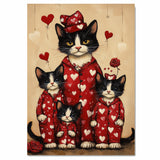 Tuxedo Cat Mother and Kittens in Red Heart Pajamas Black and White Cat Family Artwork for Cat Lovers on Ready to Hang 1.5" Thick Canvas Wrap, Floating Framed Canvas, Flat Rolled Canvas