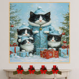 Tuxedo Cat Family in Purple Winter Hats Surrounded by Snow, Holiday Gifts, and Christmas Trees in a Magical Festive Scene with Golden Ornaments