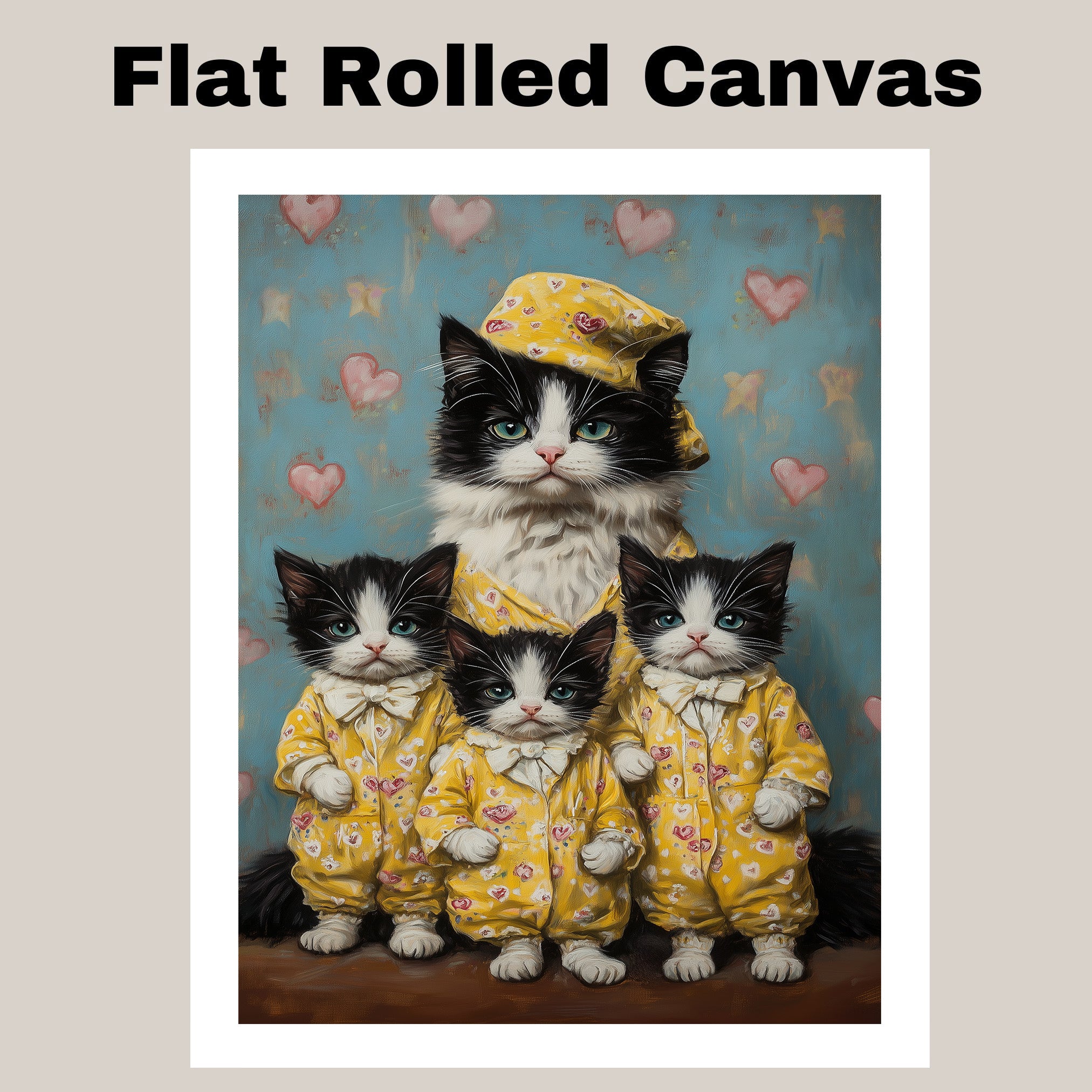 Elegant Oil Painting of Mother Cat and Kittens in Heart Outfits with Floral Hat on Warm Background for Cat Lovers and Pet Fans on Ready to Hang 1.5" Thick Canvas Wrap, Floating Framed Canvas, Flat Rolled Canvas