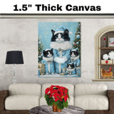 Tuxedo Cat Family in Purple Santa Outfits with Holiday Gifts and Tree Under a Starry Sky in a Magical Christmas Scene Full of Festive Wonder