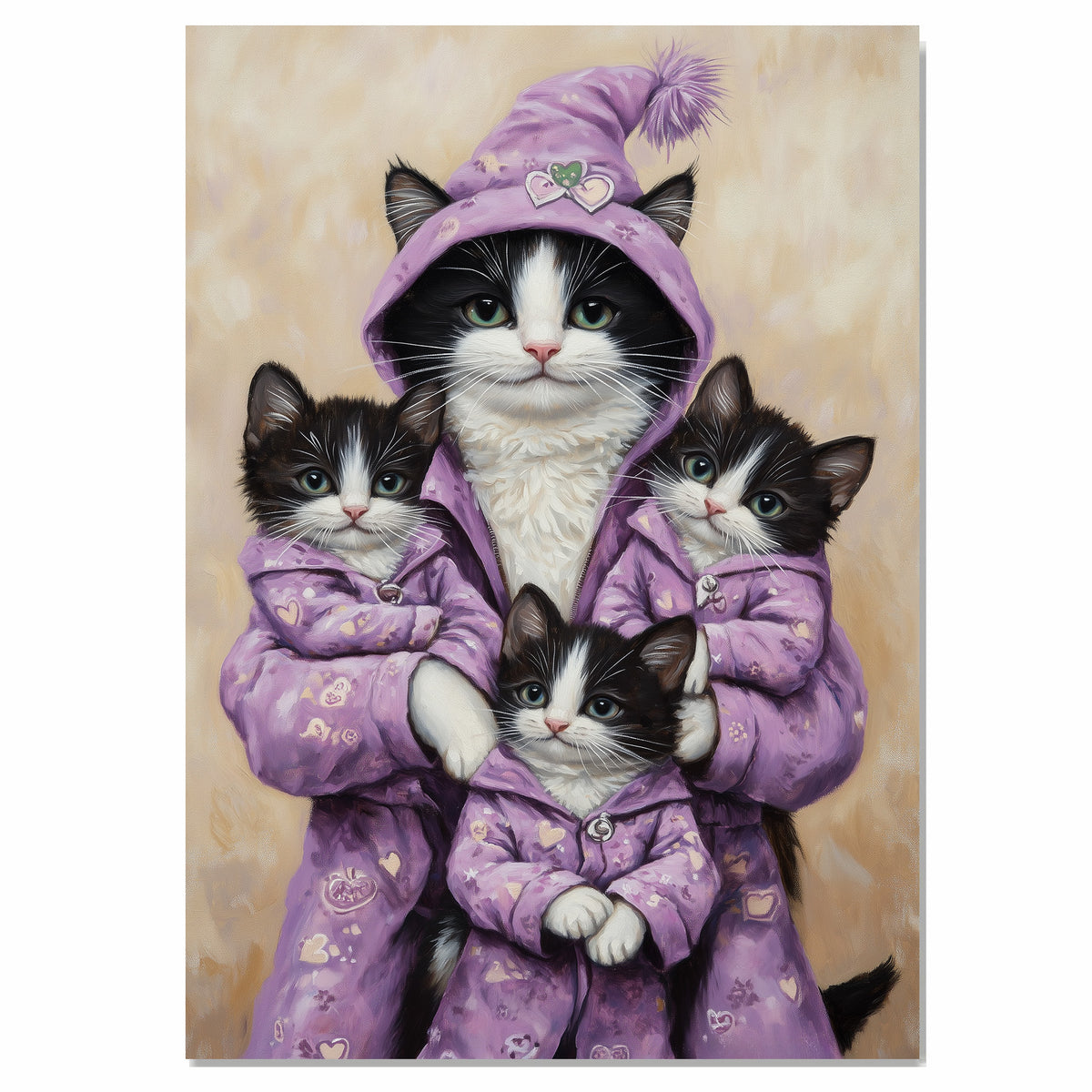 Mother Cat and Kittens in Purple Heart Pajamas Whimsical Tuxedo Cat Family Artwork for Cozy Decor and Cat Lovers Gift Ideas on Ready to Hang 1.5" Thick Canvas Wrap, Floating Framed Canvas, Flat Rolled Canvas