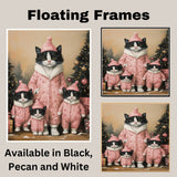 Tuxedo Cat Family in Purple Pajamas Surrounded by Christmas Gifts and Trees in a Warm Winter Scene Full of Holiday Lights and Cozy Charm