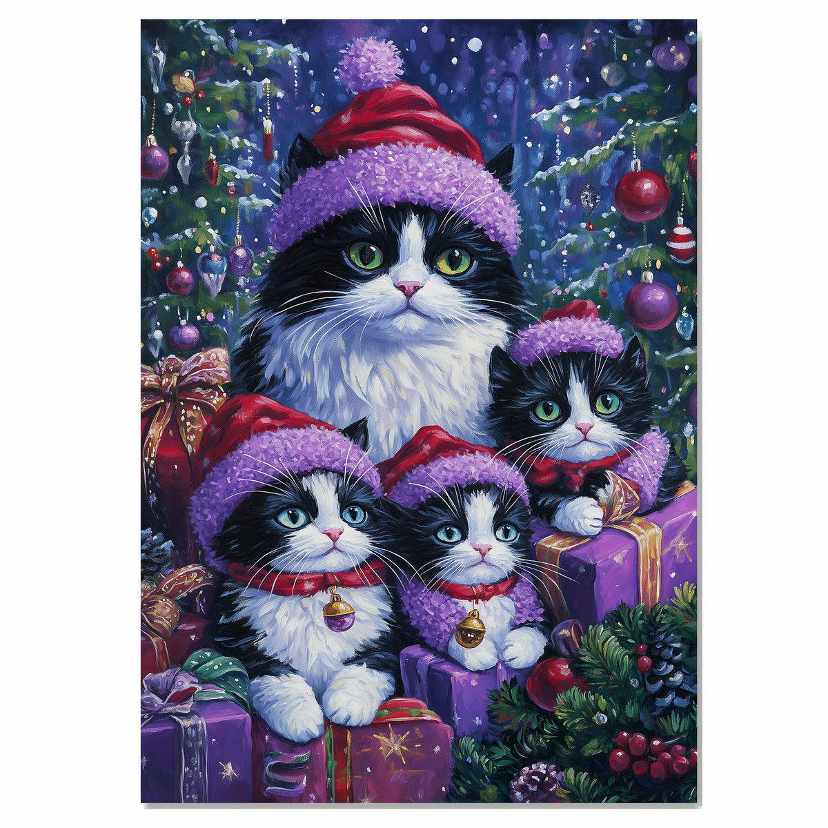 Tuxedo Cat Family in Red and Purple Santa Hats Surrounded by Gifts and Christmas Trees in a Vibrant Holiday Scene Full of Festive Lights and Cheer