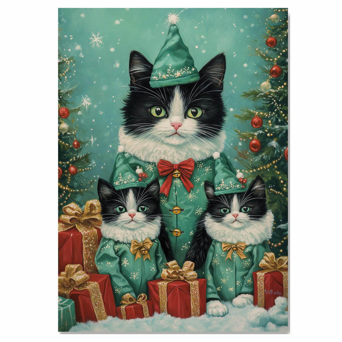 Tuxedo Cat Family in Green Holiday Outfits with Red Bows Surrounded by Christmas Trees and Gifts in a Charming Winter Festive Scene