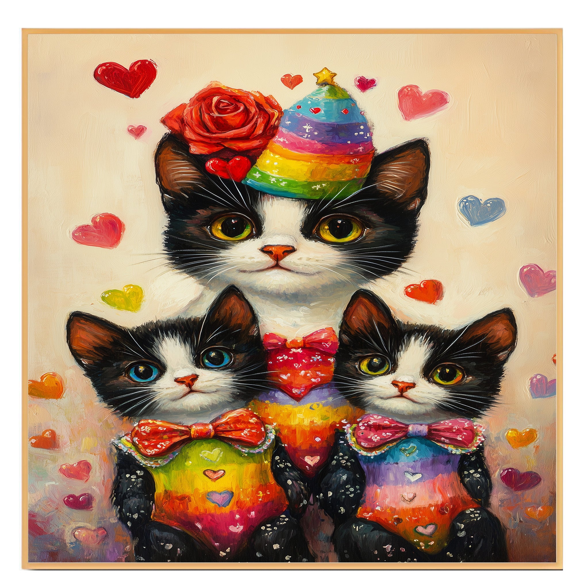 Charming Oil Painting of Mother Cat and Kittens in Floral Outfits with Hearts on Beige Background for Cat Lovers and Pet Art Fans on Ready to Hang 1.5" Thick Canvas Wrap, Floating Framed Canvas, Flat Rolled Canvas