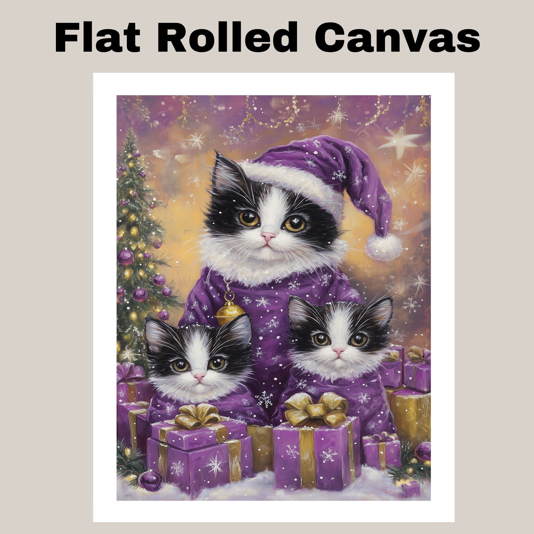 Adorable Tuxedo Cat Family in Matching Purple Pajamas and Hats with Floral Details in a Cozy Whimsical Scene Perfect for Cat Lovers