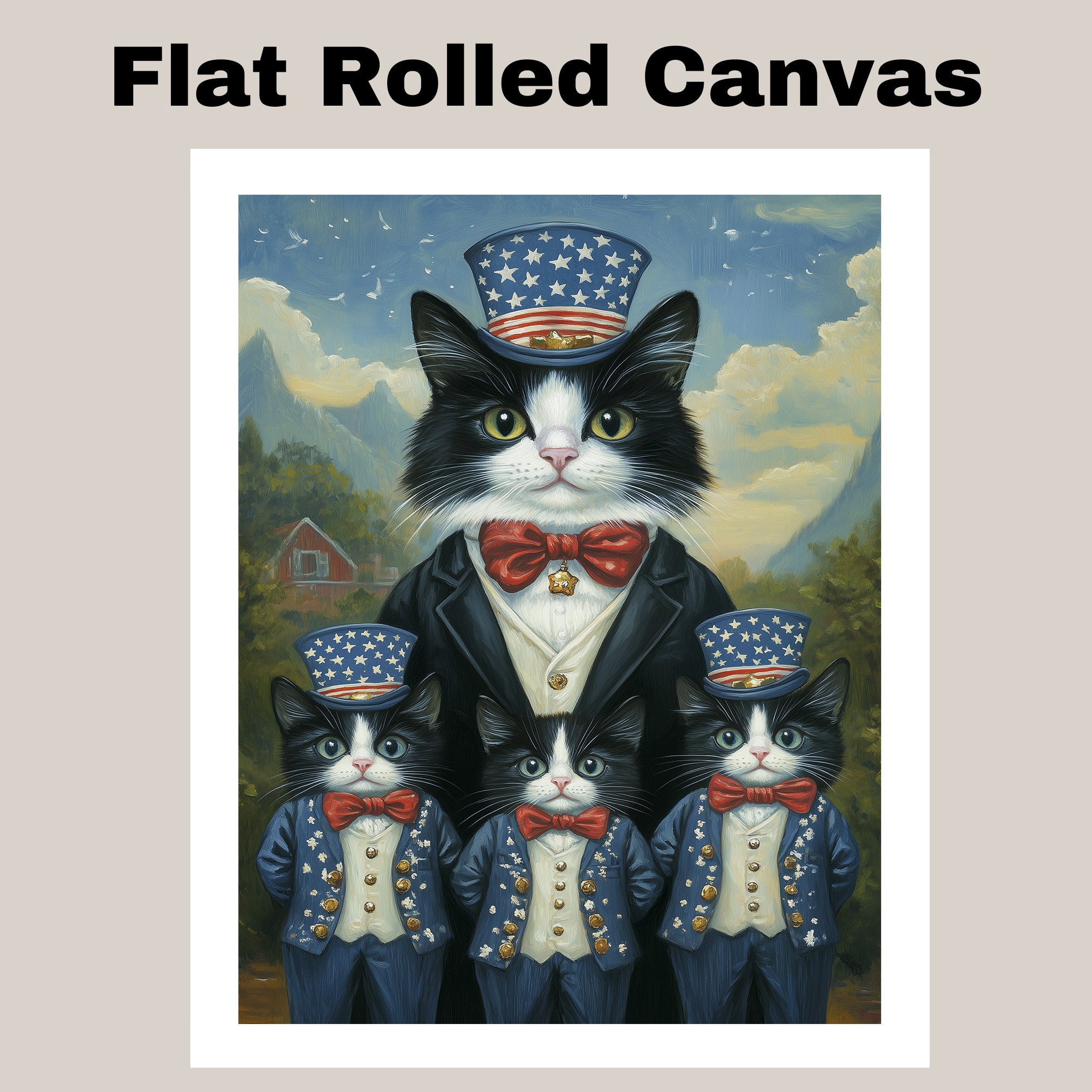Mother Tuxedo Cat and Three Kittens in Patriotic Uncle Sam Outfits with Stars and Bow Ties in Farm Country Setting on Ready to Hang 1.5" Thick Canvas Wrap, Floating Framed Canvas, Flat Rolled Canvas