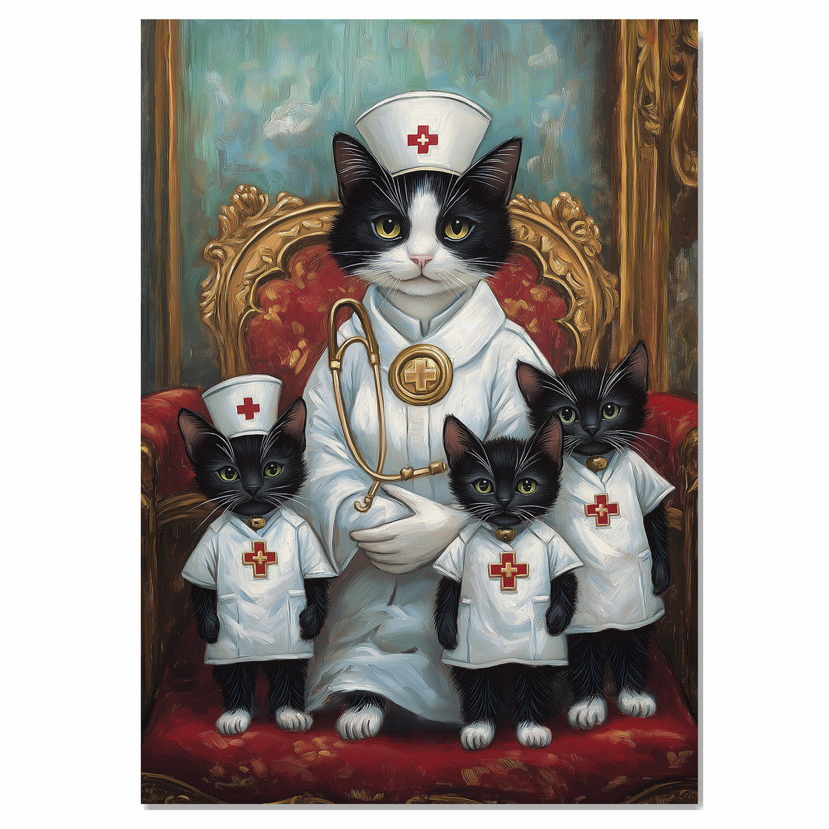 Mother Cat and Kittens Dressed as Nurses in White Outfits with Hats and Red Scarves Black and White Tuxedo Cats on Ready to Hang 1.5" Thick Canvas Wrap, Floating Framed Canvas, Flat Rolled Canvas