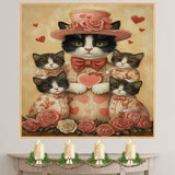 Mother Cat and Kittens in Elegant Purple Outfits with Heart Patterns and Roses Whimsical Black and White Tuxedo Cat Family Portrait on Ready to Hang 1.5" Thick Canvas Wrap, Floating Framed Canvas, Flat Rolled Canvas