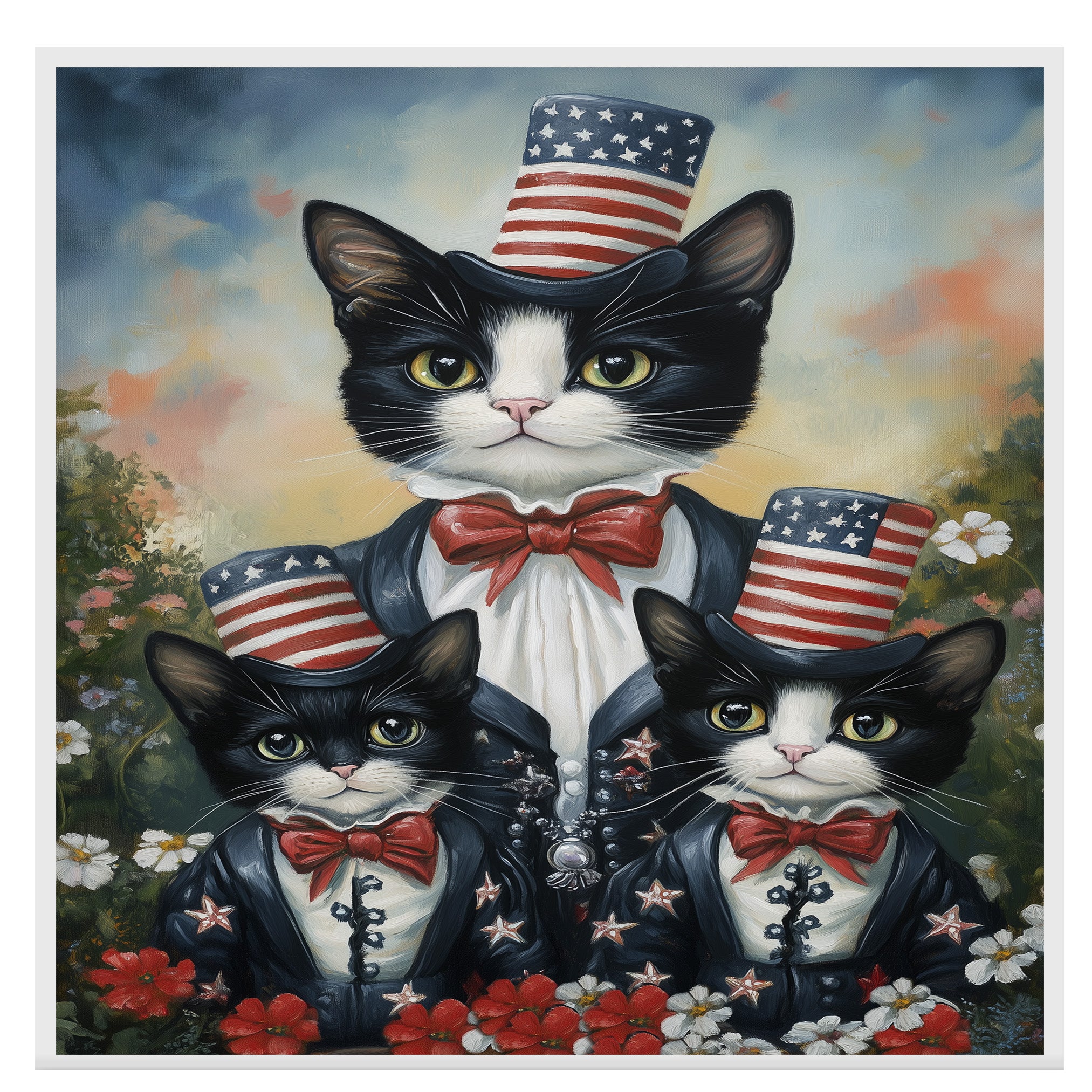 Mother Tuxedo Cat and Two Kittens in Patriotic Uncle Sam Outfits with American Flags and Red Bow Ties in Garden Setting on Ready to Hang 1.5" Thick Canvas Wrap, Floating Framed Canvas, Flat Rolled Canvas