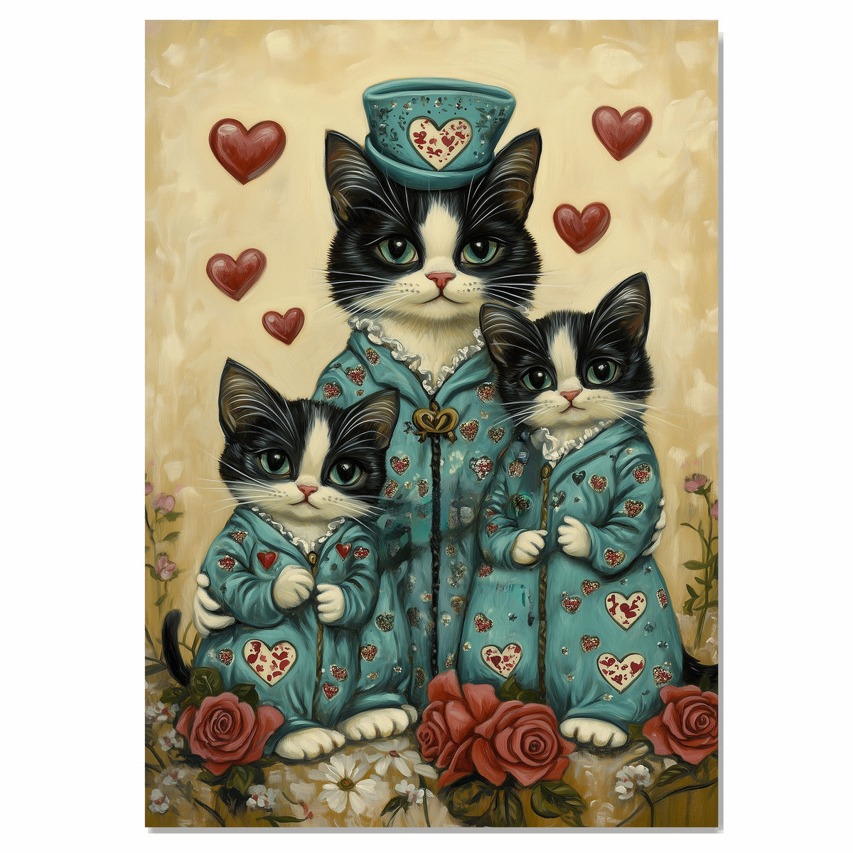 Mother Cat and Kittens in Teal Outfits with Red Hearts Whimsical Tuxedo Cat Family Artwork for Cat Lovers and Valentine's Decor on Ready to Hang 1.5" Thick Canvas Wrap, Floating Framed Canvas, Flat Rolled Canvas