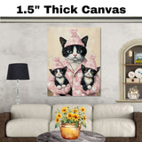 Mother Cat and Kittens in Pink Heart Outfits Tuxedo Cat Family Painting for Valentine's Day and Cat Lovers Home Decor on Ready to Hang 1.5" Thick Canvas Wrap, Floating Framed Canvas, Flat Rolled Canvas