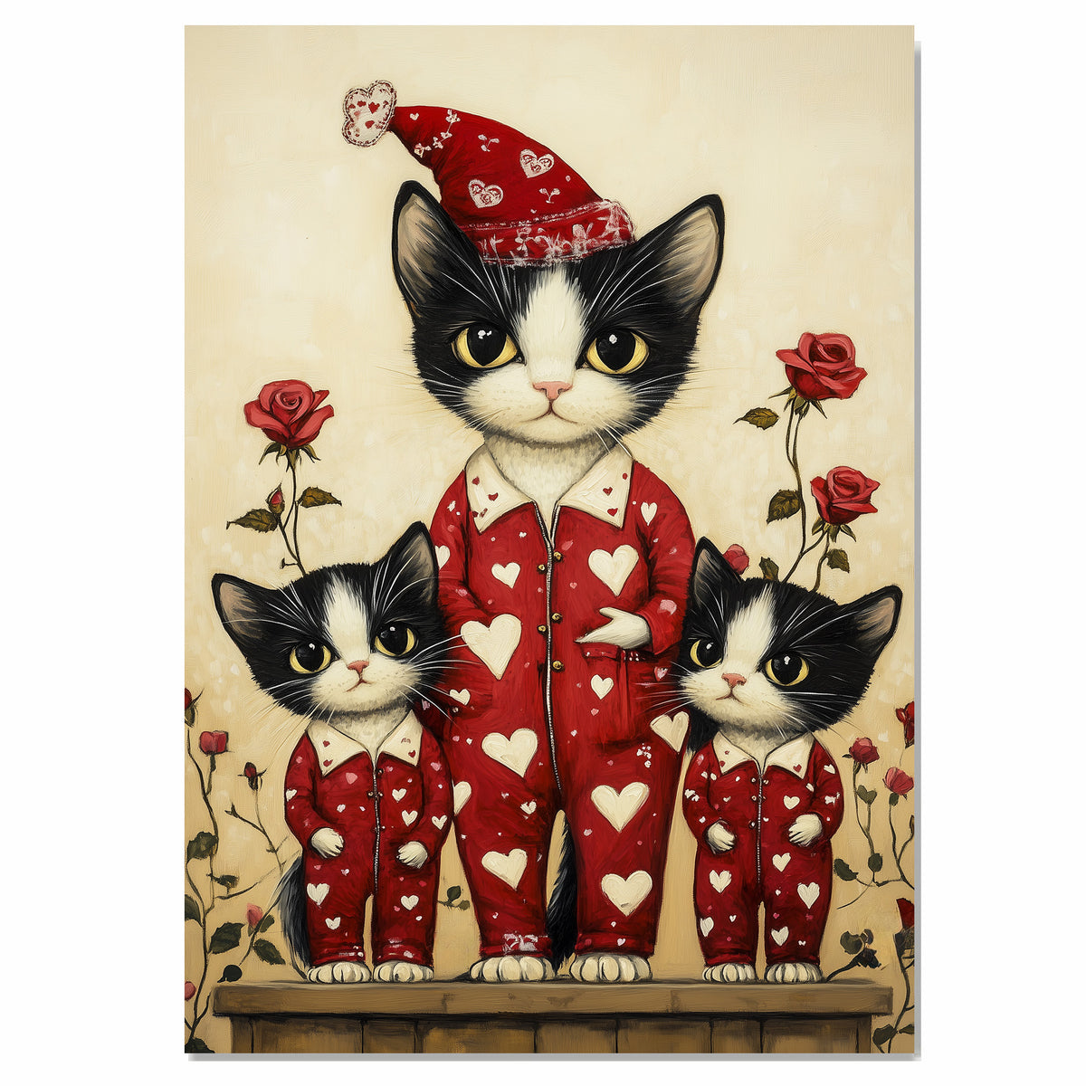 Mother Cat and Kittens in Red Heart Pajamas Tuxedo Cats with Roses Whimsical Vintage Style Artwork for Cat Lovers on Ready to Hang 1.5" Thick Canvas Wrap, Floating Framed Canvas, Flat Rolled Canvas