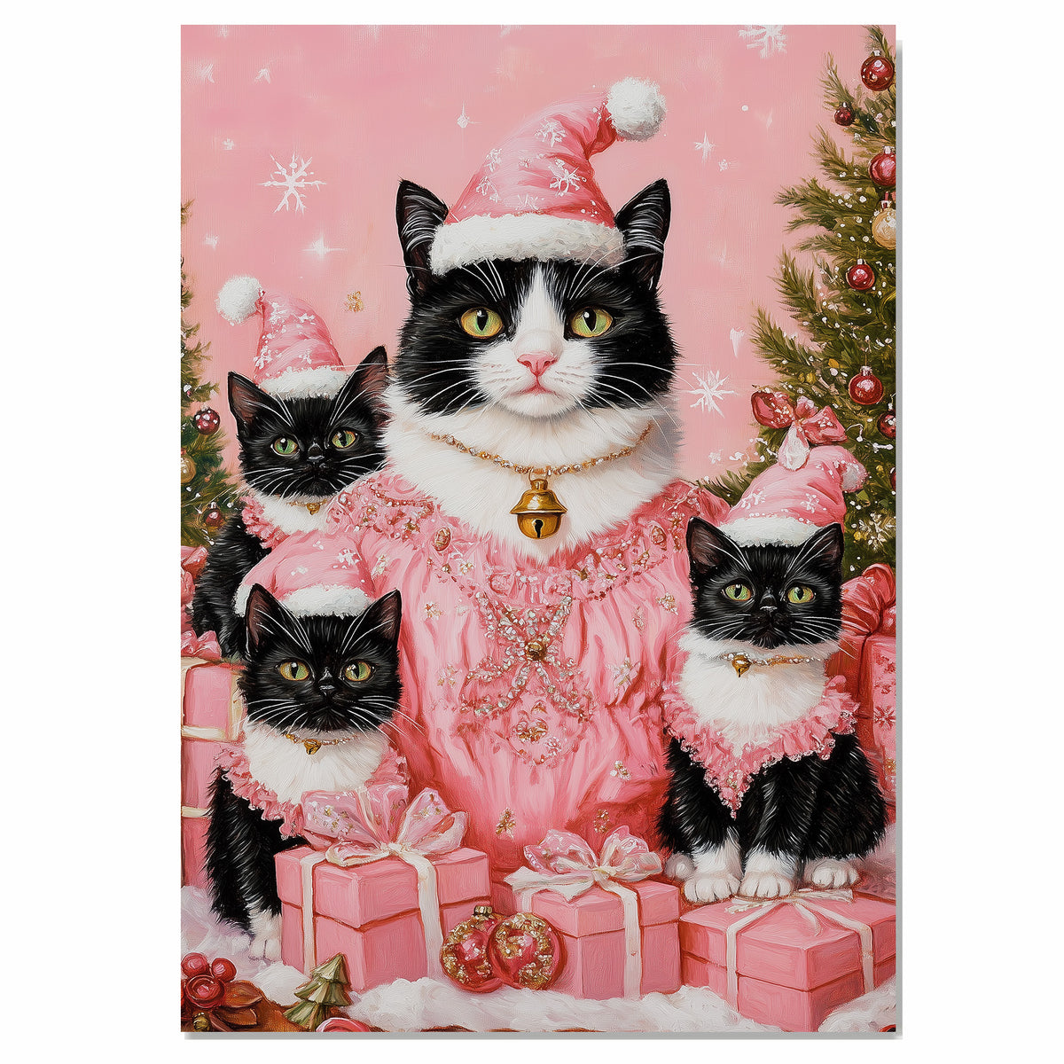 Tuxedo Cat Family in Pink Santa Hats Surrounded by Gifts and Ornaments in a Whimsical Holiday Scene Full of Snowflakes and Festive Cheer