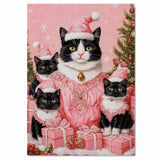 Tuxedo Cat Family in Pink Santa Hats Surrounded by Gifts and Ornaments in a Whimsical Holiday Scene Full of Snowflakes and Festive Cheer