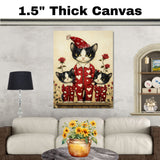 Mother Cat and Kittens in Red Heart Pajamas Tuxedo Cats with Roses Whimsical Vintage Style Artwork for Cat Lovers on Ready to Hang 1.5" Thick Canvas Wrap, Floating Framed Canvas, Flat Rolled Canvas