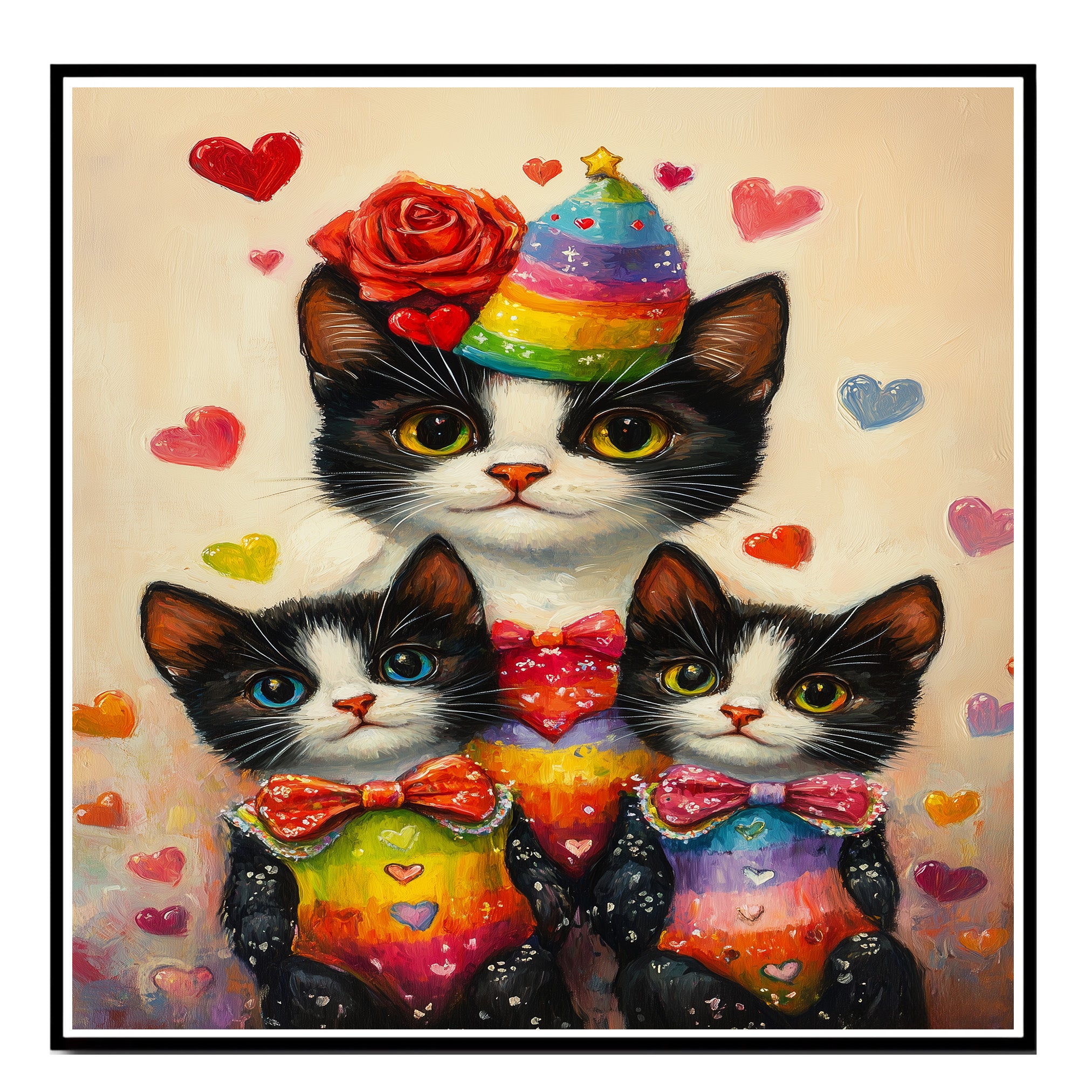 Charming Oil Painting of Mother Cat and Kittens in Floral Outfits with Hearts on Beige Background for Cat Lovers and Pet Art Fans on Ready to Hang 1.5" Thick Canvas Wrap, Floating Framed Canvas, Flat Rolled Canvas