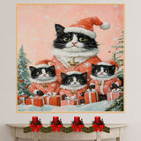Tuxedo Cat Family in Red Santa Outfits Surrounded by Gifts and Snowy Trees in a Whimsical Christmas Scene with Festive Background