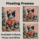 Tuxedo Cat Family in Green Santa Outfits with Christmas Gifts and Trees in a Magical Winter Scene with Sparkling Snowflakes and Festive Charm