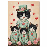 Mother Tuxedo Cat and Kittens in Matching Pajamas Black and White Cat Family Portrait with Hearts on Ready to Hang 1.5" Thick Canvas Wrap, Floating Framed Canvas, Flat Rolled Canvas