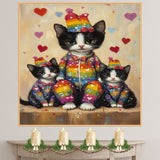 Chic Oil Painting of Mother Texudo Cat and Kittens in Pink Rose Outfits with Hearts and Hats on Beige Background for Cat Lovers and Gift Ideas on Ready to Hang 1.5" Thick Canvas Wrap, Floating Framed Canvas, Flat Rolled Canvas