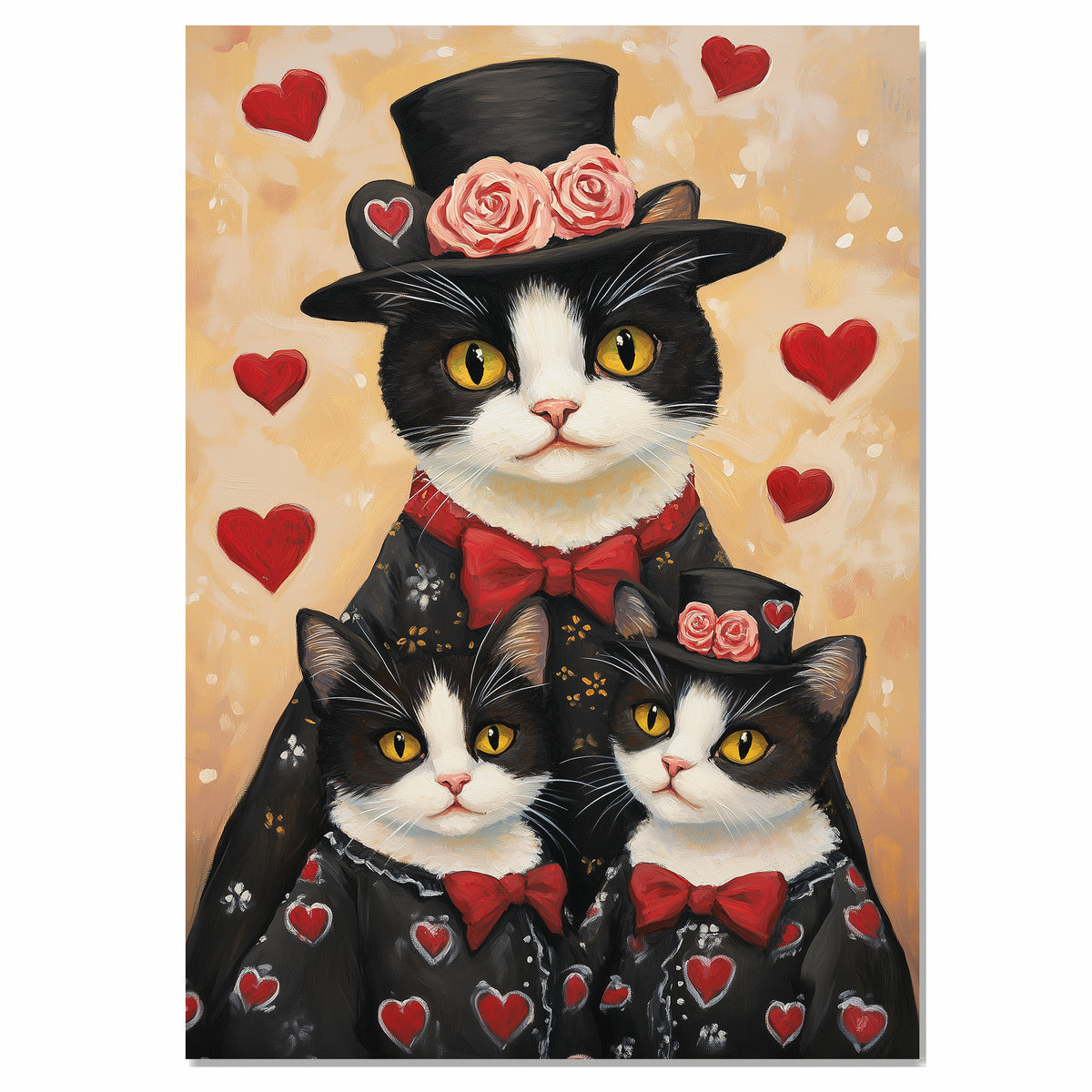 Mother Cat and Kittens in Black Heart Outfits Charming Tuxedo Cat Family Artwork for Valentine's Day and Cat Lovers Decor on Ready to Hang 1.5" Thick Canvas Wrap, Floating Framed Canvas, Flat Rolled Canvas