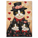 Mother Cat and Kittens in Black Heart Outfits Charming Tuxedo Cat Family Artwork for Valentine's Day and Cat Lovers Decor on Ready to Hang 1.5" Thick Canvas Wrap, Floating Framed Canvas, Flat Rolled Canvas