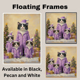 Tuxedo Cat Family in Pink Santa Outfits Surrounded by Christmas Gifts and Tree in a Whimsical Holiday Scene with Snowflakes and Festive Cheer