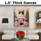 Tuxedo Cat Family in Blue Fur-Trimmed Coats Surrounded by Christmas Trees and Gifts in a Snowy Holiday Scene with Winter Magic and Cheer