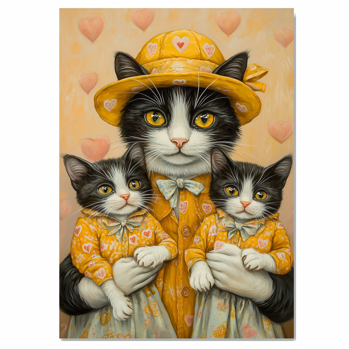 Mother Cat and Kittens in Charming Pink Outfits with Roses and Hearts Whimsical Black and White Tuxedo Cat Family Relaxing Portrait on Ready to Hang 1.5" Thick Canvas Wrap, Floating Framed Canvas, Flat Rolled Canvas