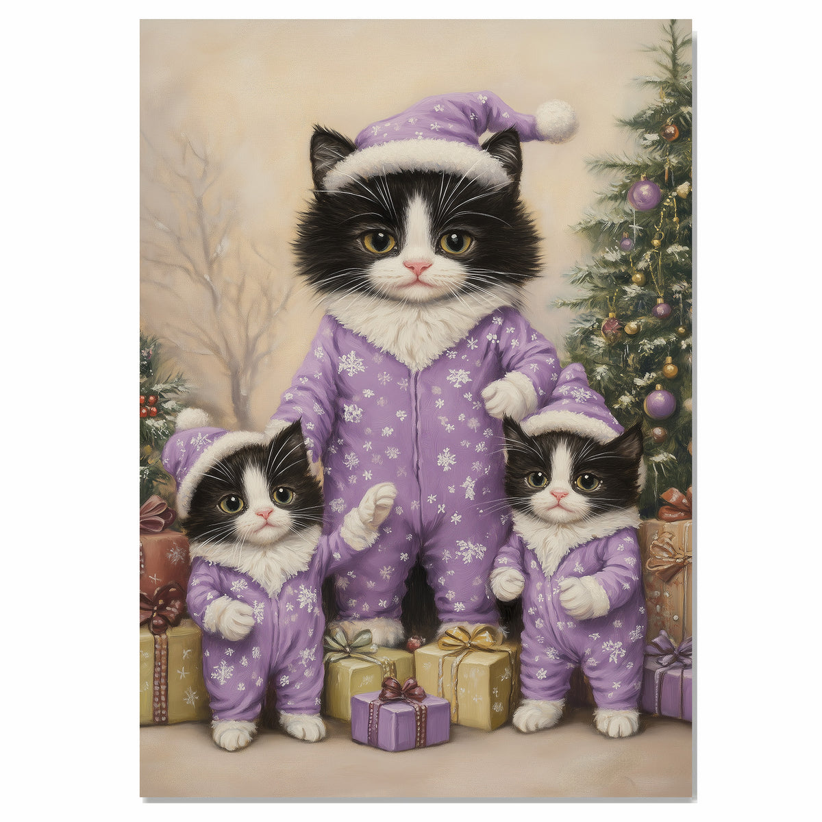 Tuxedo Cat Family in Lavender Pajamas and Santa Hats Surrounded by Christmas Gifts and Tree in a Calm Snowflake-Filled Holiday Scene