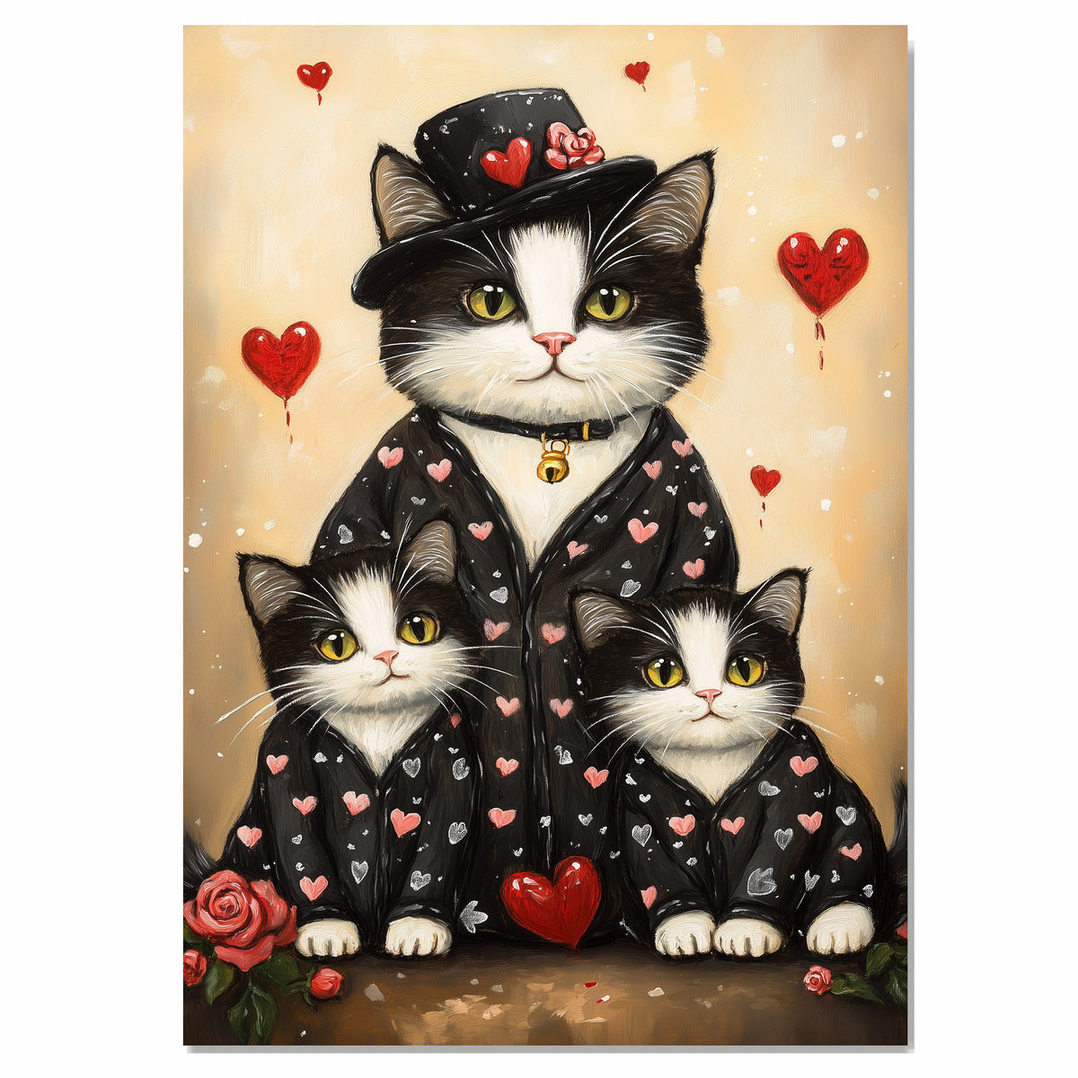 Festive Oil Painting of Mother Texudo Cat and Kittens in Rainbow Heart Pajamas and Party Hats on Light Background for Cat Lovers on Ready to Hang 1.5" Thick Canvas Wrap, Floating Framed Canvas, Flat Rolled Canvas
