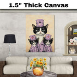 Mother Texudo Cat with Kittens in Blue Outfits Holding Hearts Vintage Style Artwork for Cat Lovers on Ready to Hang 1.5" Thick Canvas Wrap, Floating Framed Canvas, Flat Rolled Canvas