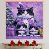 Tuxedo Cat Family in Yellow Starry Capes and Santa Hats Surrounded by Gifts and Christmas Tree in a Festive Holiday Scene Full of Cheer