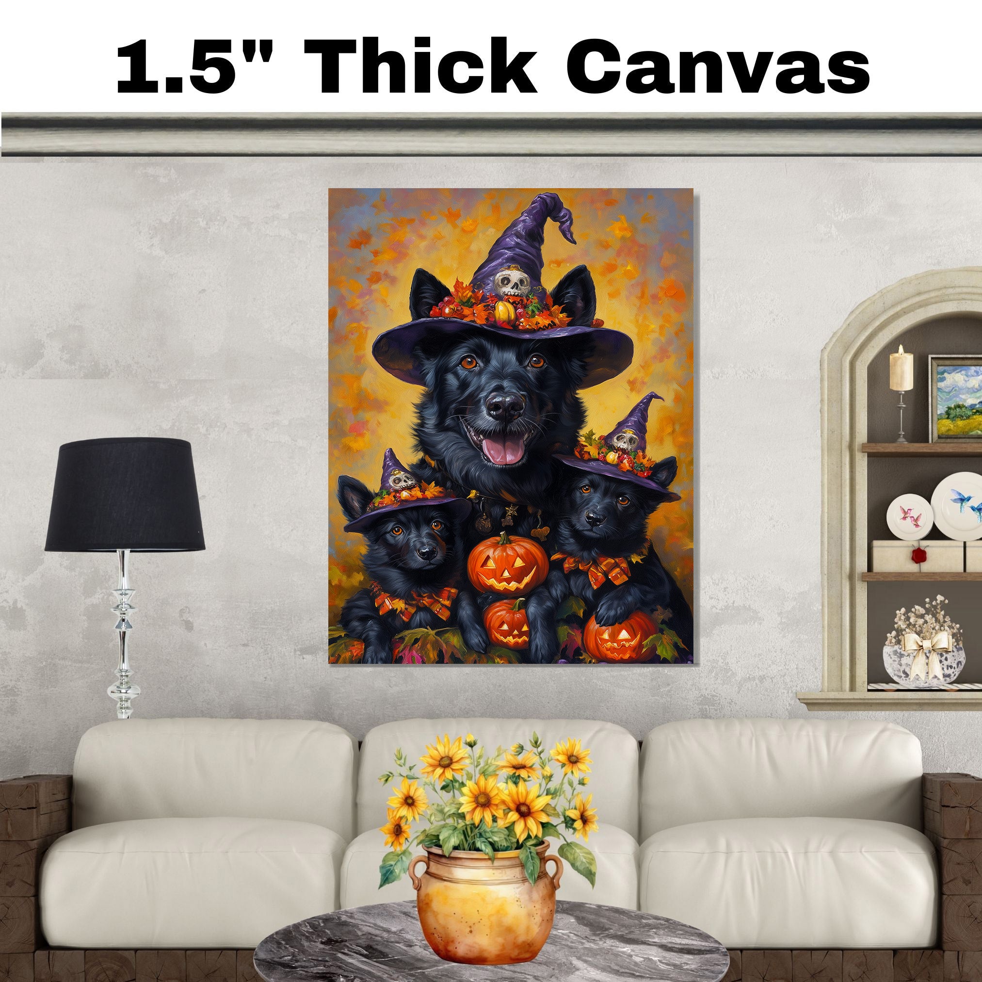 Belgian Shepherd Dog Halloween Canvas Wall Art with Pumpkins Fall Farmhouse Decor for Pet Lovers on Ready to Hang 1.5" Thick Canvas Wrap, Floating Framed Canvas, Flat Rolled Canvas