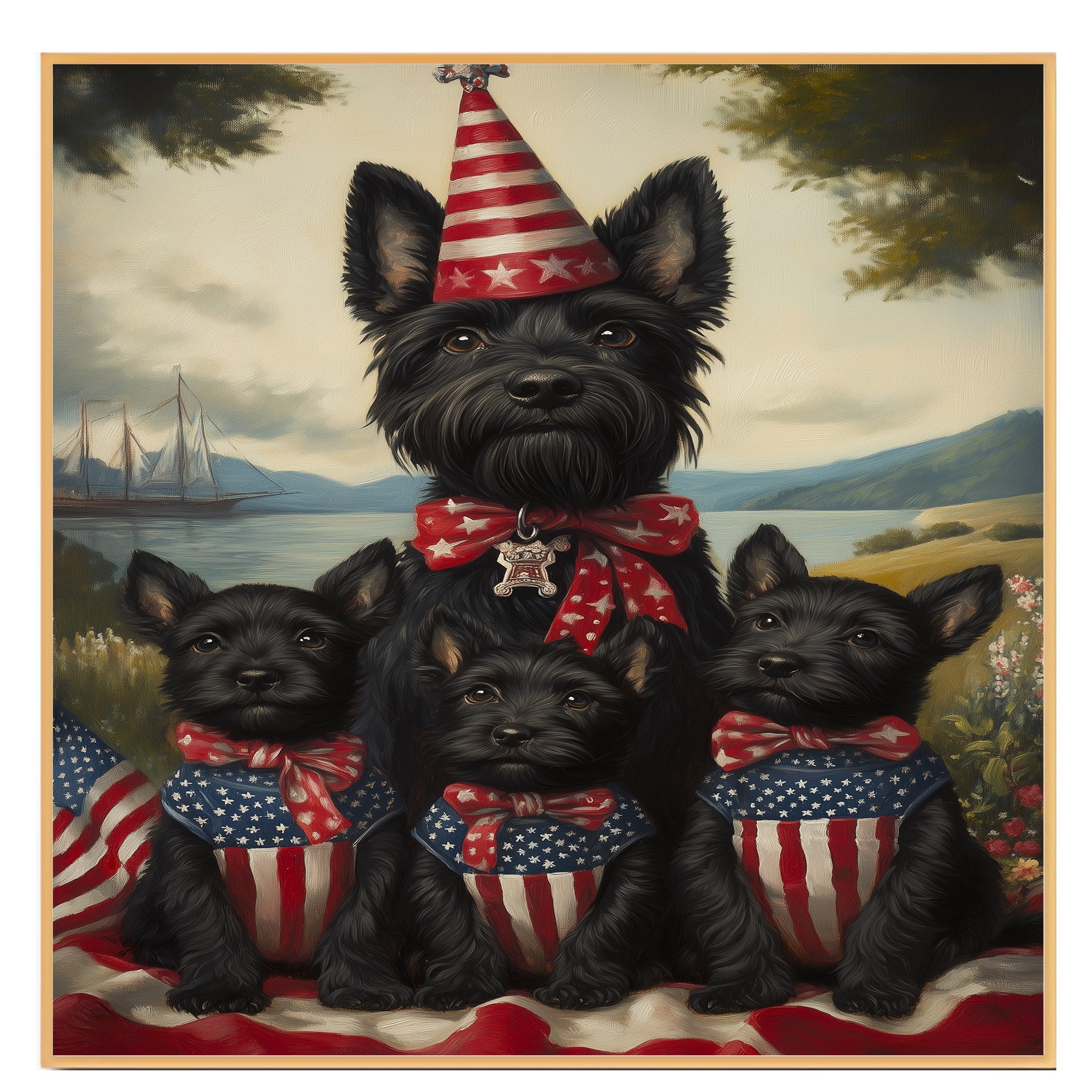 Mother Scottish Terrier with Three Puppies in Patriotic Outfits Wearing American Flag Hats and Red Star Bow Ties in Flower Field on Ready to Hang 1.5" Thick Canvas Wrap, Floating Framed Canvas, Flat Rolled Canvas