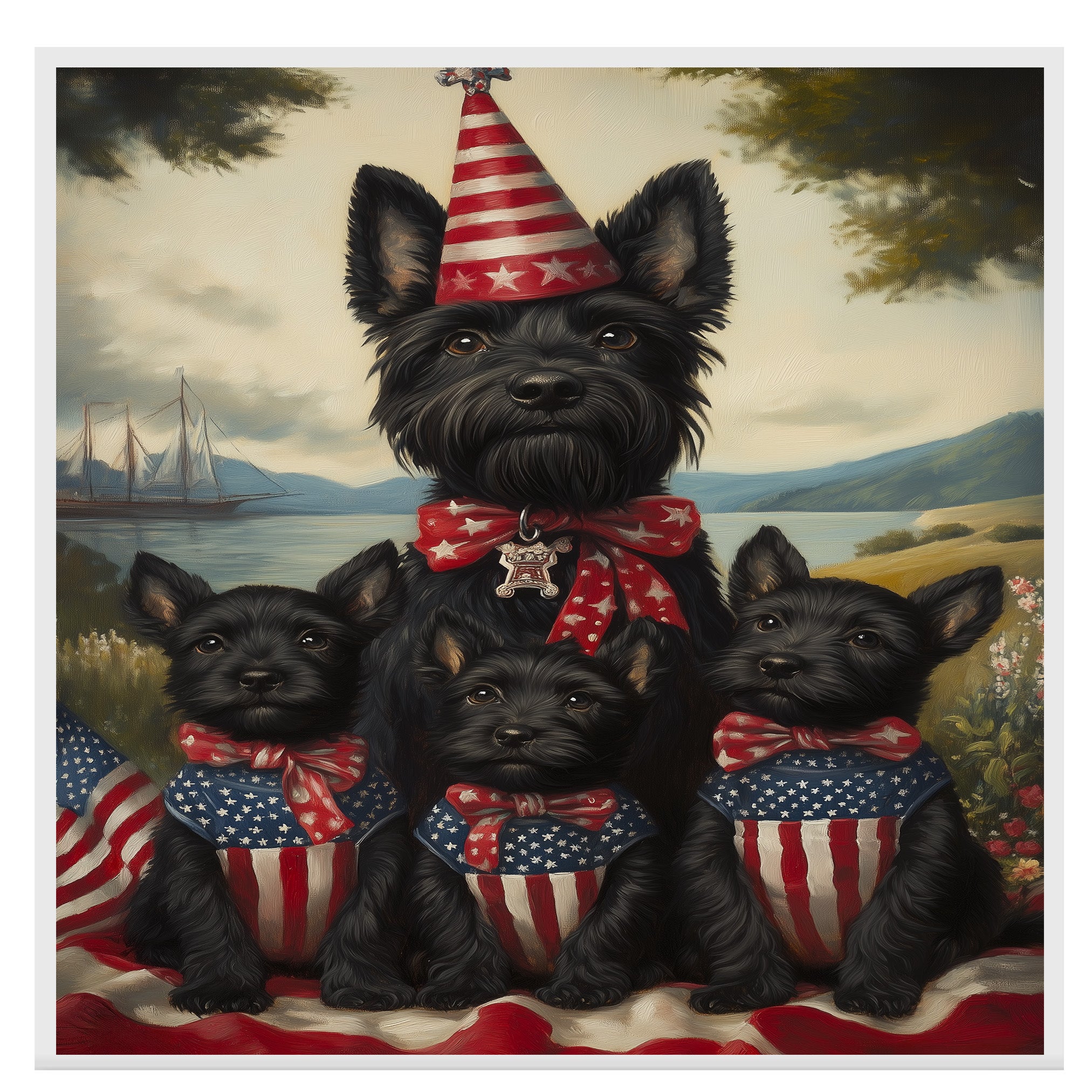Mother Scottish Terrier with Three Puppies in Patriotic Outfits Wearing American Flag Hats and Red Star Bow Ties in Flower Field on Ready to Hang 1.5" Thick Canvas Wrap, Floating Framed Canvas, Flat Rolled Canvas