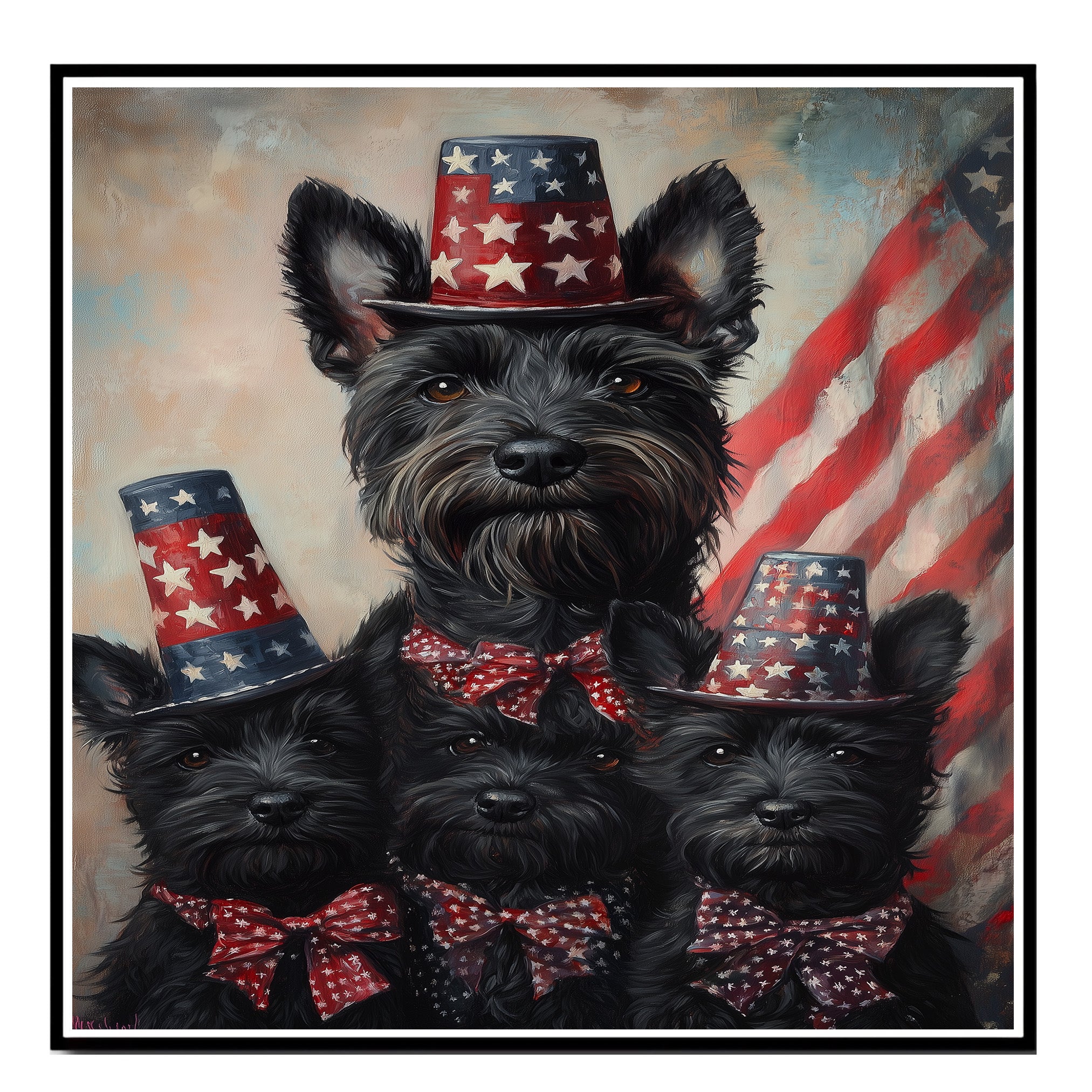 Mother Scottish Terrier and Three Puppies in Patriotic Star Hats with American Flag Backdrop in Festive Family Portrait on Ready to Hang 1.5" Thick Canvas Wrap, Floating Framed Canvas, Flat Rolled Canvas