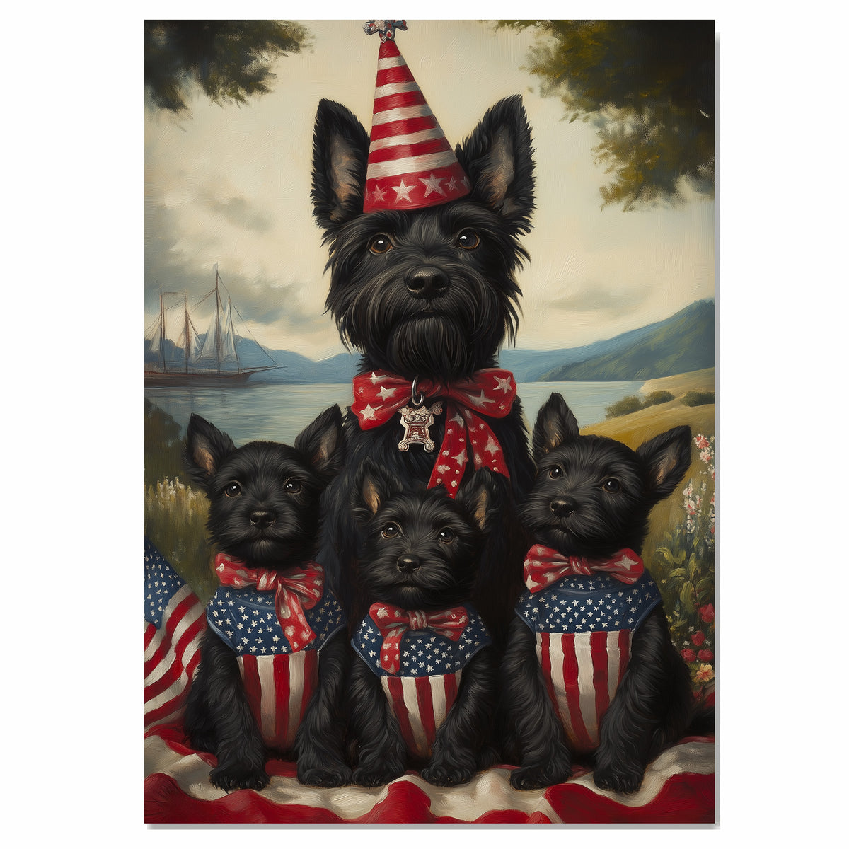 Mother Scottish Terrier with Three Puppies in Patriotic Outfits Wearing American Flag Hats and Red Star Bow Ties in Flower Field on Ready to Hang 1.5" Thick Canvas Wrap, Floating Framed Canvas, Flat Rolled Canvas