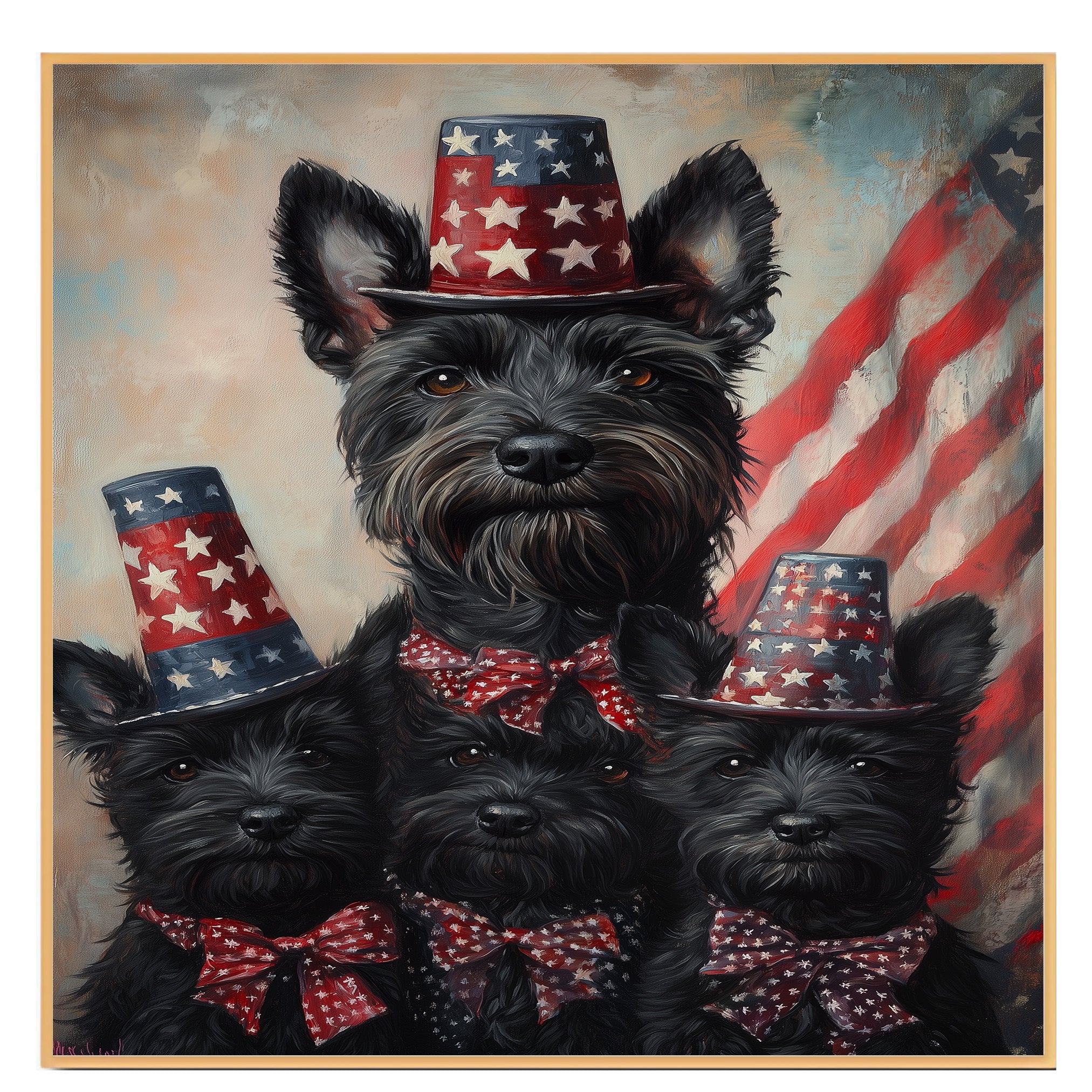 Mother Scottish Terrier and Three Puppies in Patriotic Star Hats with American Flag Backdrop in Festive Family Portrait on Ready to Hang 1.5" Thick Canvas Wrap, Floating Framed Canvas, Flat Rolled Canvas