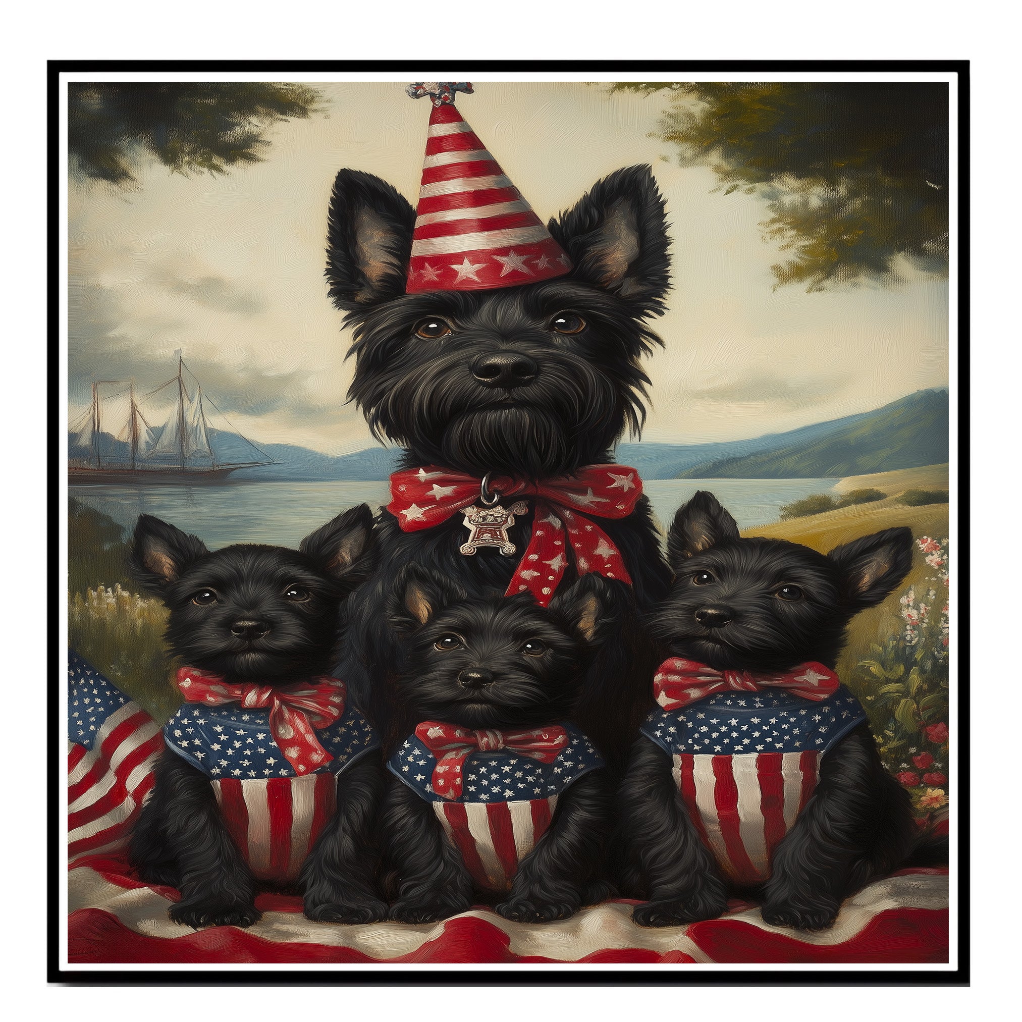 Mother Scottish Terrier with Three Puppies in Patriotic Outfits Wearing American Flag Hats and Red Star Bow Ties in Flower Field on Ready to Hang 1.5" Thick Canvas Wrap, Floating Framed Canvas, Flat Rolled Canvas
