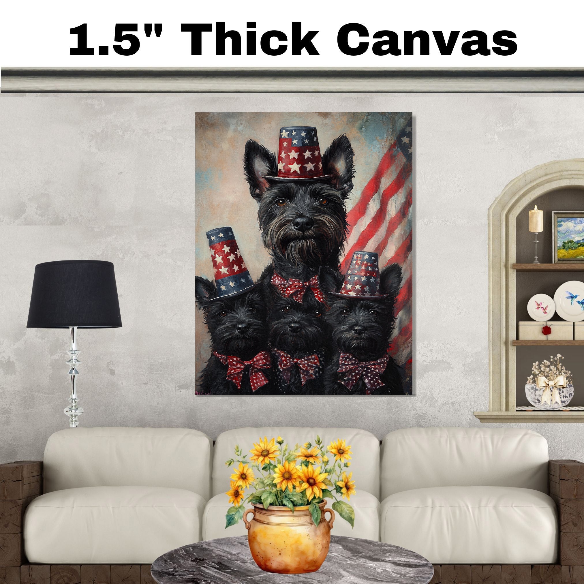 Mother Scottish Terrier and Three Puppies in Patriotic Star Hats with American Flag Backdrop in Festive Family Portrait on Ready to Hang 1.5" Thick Canvas Wrap, Floating Framed Canvas, Flat Rolled Canvas