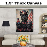 Mother Scottish Terrier and Three Puppies in Patriotic Star Hats with American Flag Backdrop in Festive Family Portrait on Ready to Hang 1.5" Thick Canvas Wrap, Floating Framed Canvas, Flat Rolled Canvas