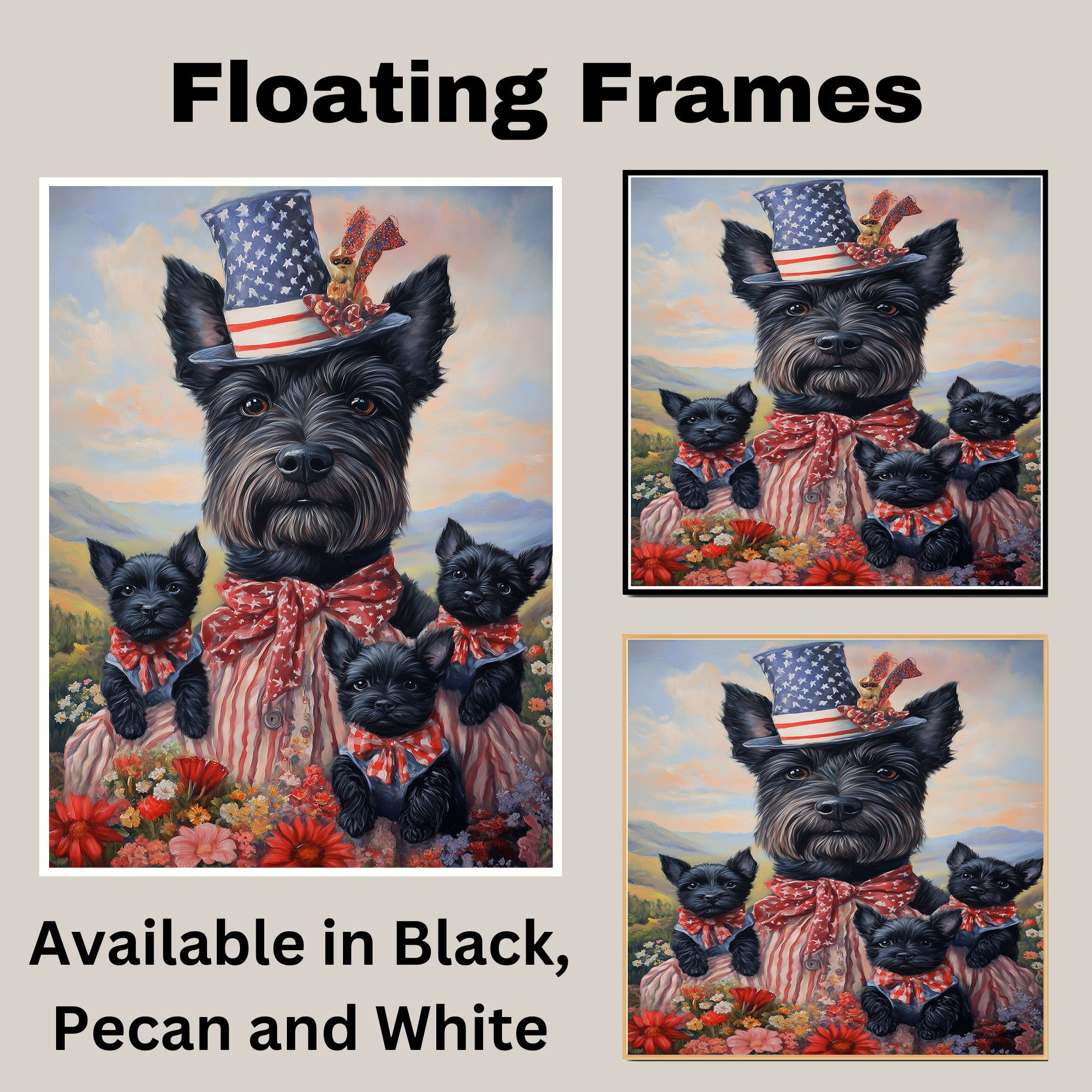 Mother Scottish Terrier and Three Puppies Wearing Patriotic Outfits by a Lake with Sailboat and American Flags on Ready to Hang 1.5" Thick Canvas Wrap, Floating Framed Canvas, Flat Rolled Canvas