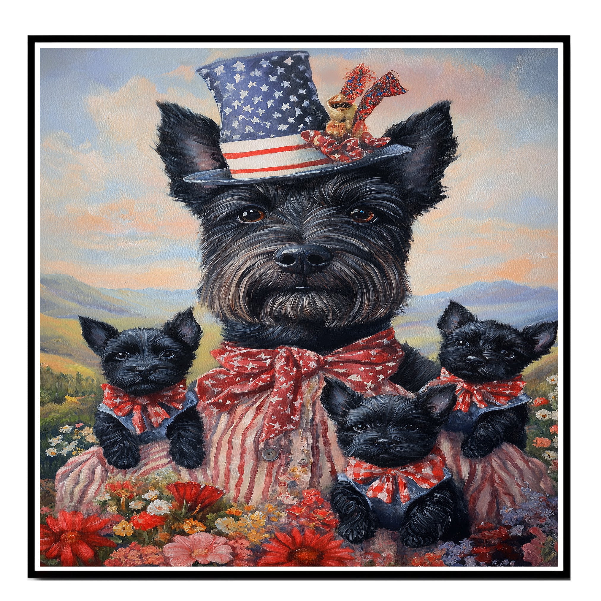 Mother Scottish Terrier and Three Puppies Wearing Patriotic Outfits by a Lake with Sailboat and American Flags on Ready to Hang 1.5" Thick Canvas Wrap, Floating Framed Canvas, Flat Rolled Canvas
