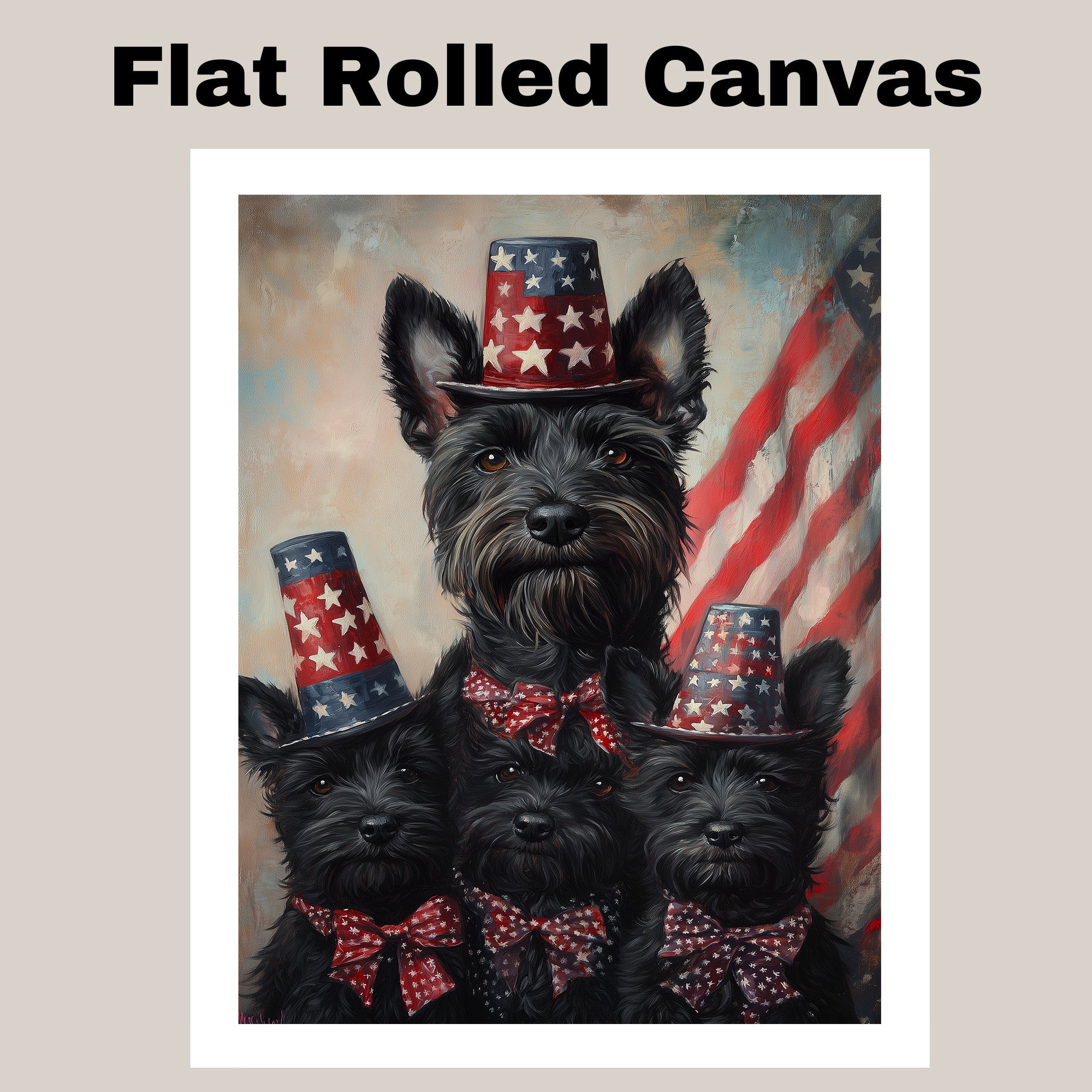 Mother Scottish Terrier and Three Puppies in Patriotic Star Hats with American Flag Backdrop in Festive Family Portrait on Ready to Hang 1.5" Thick Canvas Wrap, Floating Framed Canvas, Flat Rolled Canvas