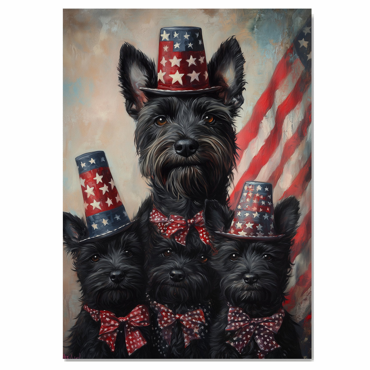 Mother Scottish Terrier and Three Puppies in Patriotic Star Hats with American Flag Backdrop in Festive Family Portrait on Ready to Hang 1.5" Thick Canvas Wrap, Floating Framed Canvas, Flat Rolled Canvas