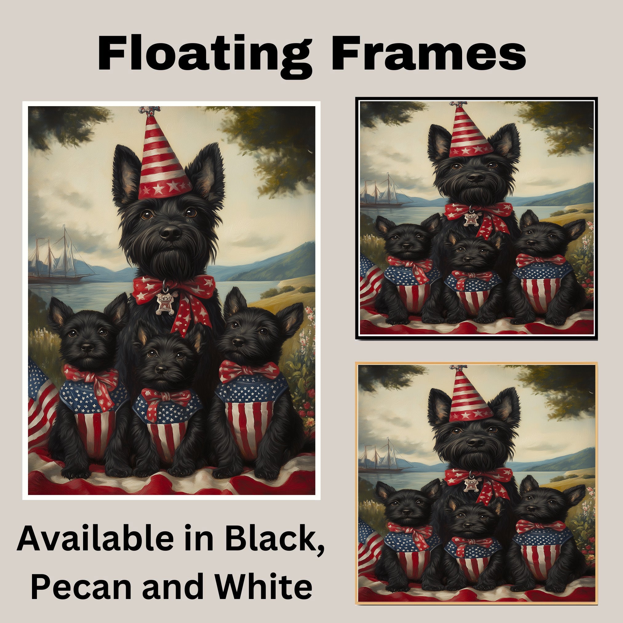 Mother Scottish Terrier with Three Puppies in Patriotic Outfits Wearing American Flag Hats and Red Star Bow Ties in Flower Field on Ready to Hang 1.5" Thick Canvas Wrap, Floating Framed Canvas, Flat Rolled Canvas